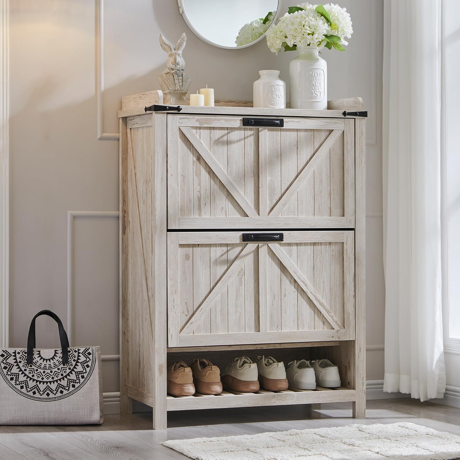 OKD Farmhouse Shoe Storage Cabinet: 2 Flip Drawers, Rustic White