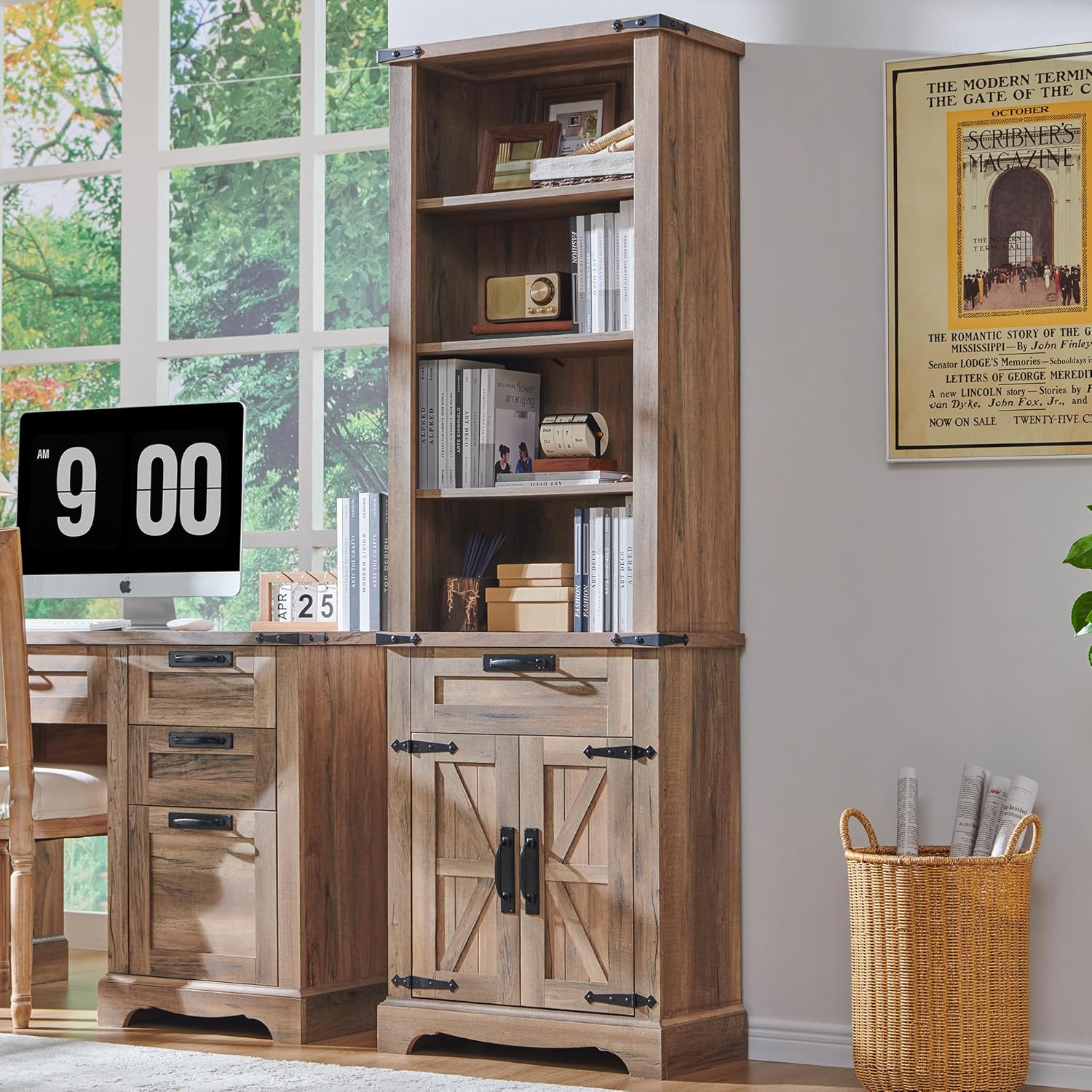 72" Tall Farmhouse Bookcase with Barn Door and Storage Cabinet