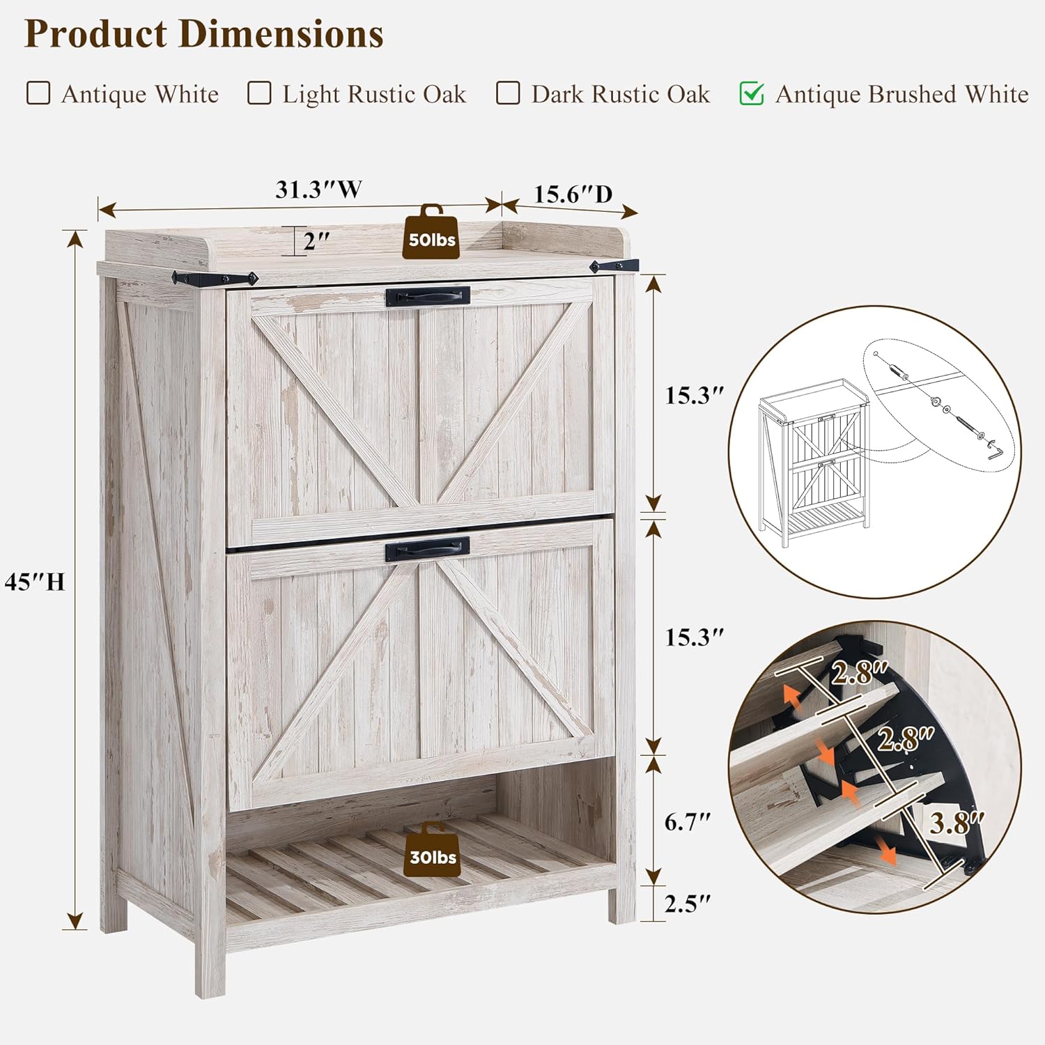 OKD Farmhouse Shoe Storage Cabinet: 2 Flip Drawers, Rustic White