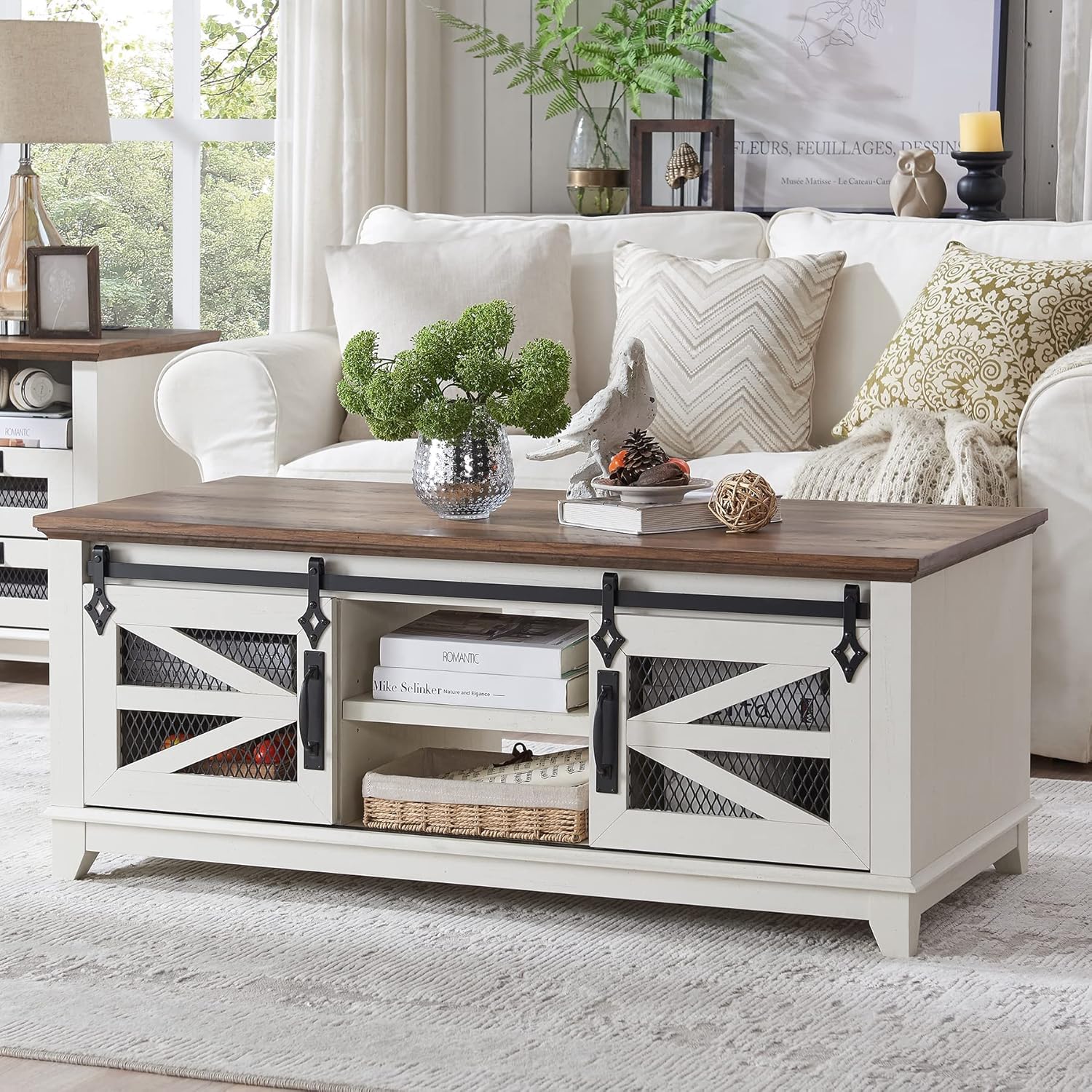 OKD 48'' Farmhouse Coffee Table with Storage and Sliding Barn Doors