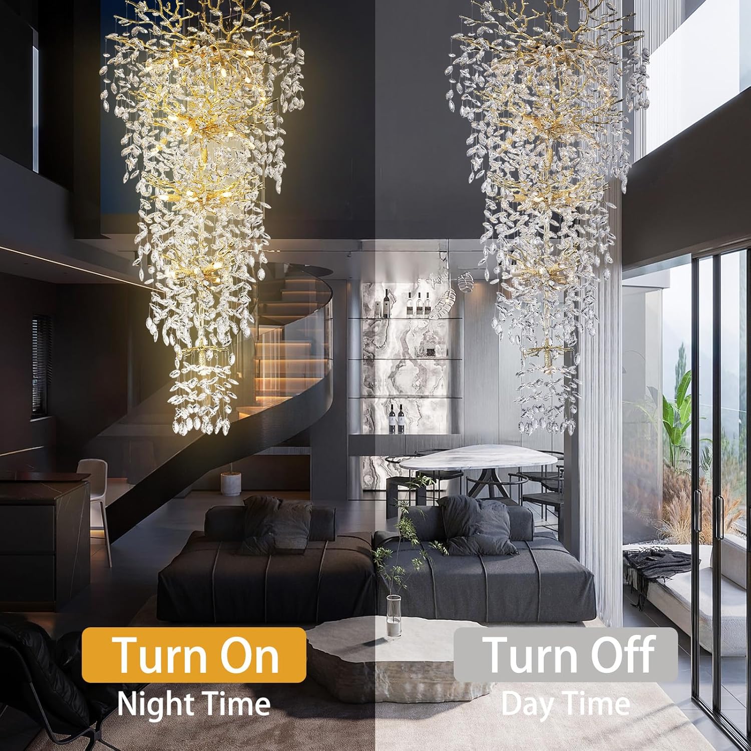 63'' Long Crystal Modern Gold Tree Branch Chandelier