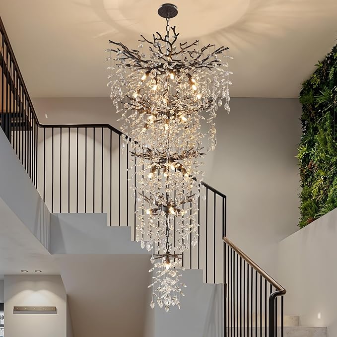 63" Long Crystal Chandelier for High Ceiling, 28-Light Black Tree Branch Chandelier, Modern Large Chandeliers for Staircase, Foyer, Entryway, Living Room, 5-Tier Luxury K9 Raine Light Fixture