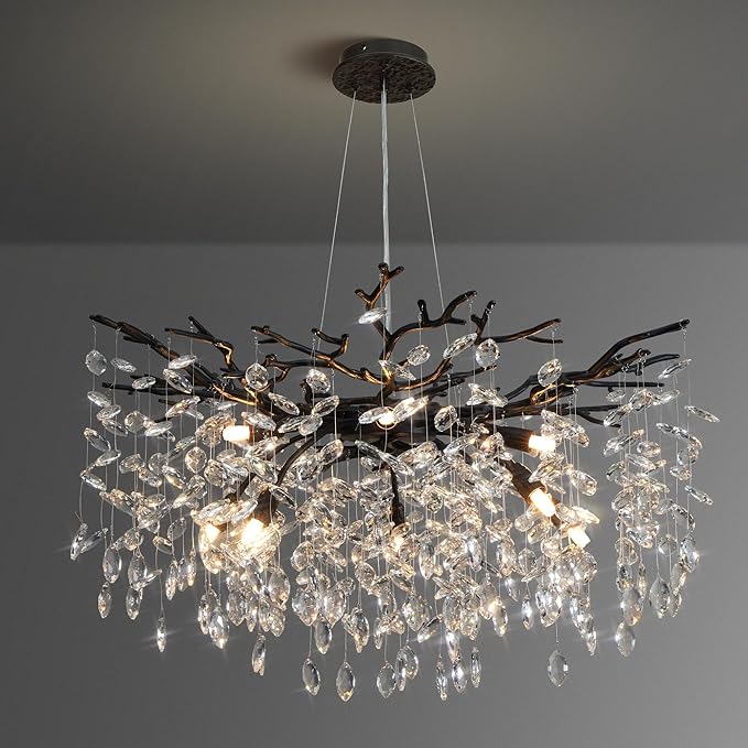 30" Black Crystal Chandelier, 10-Light Tree Branch Chandelier for Dining Room, Luxury Round K9 Crystal Raine Chandeliers Light Fixture for Living Room Foyer Entryway Bedroom Kitchen