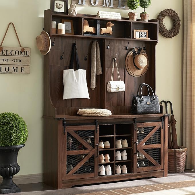 59" Farmhouse Hall Tree with Shoe Storage Bench & Cubbies