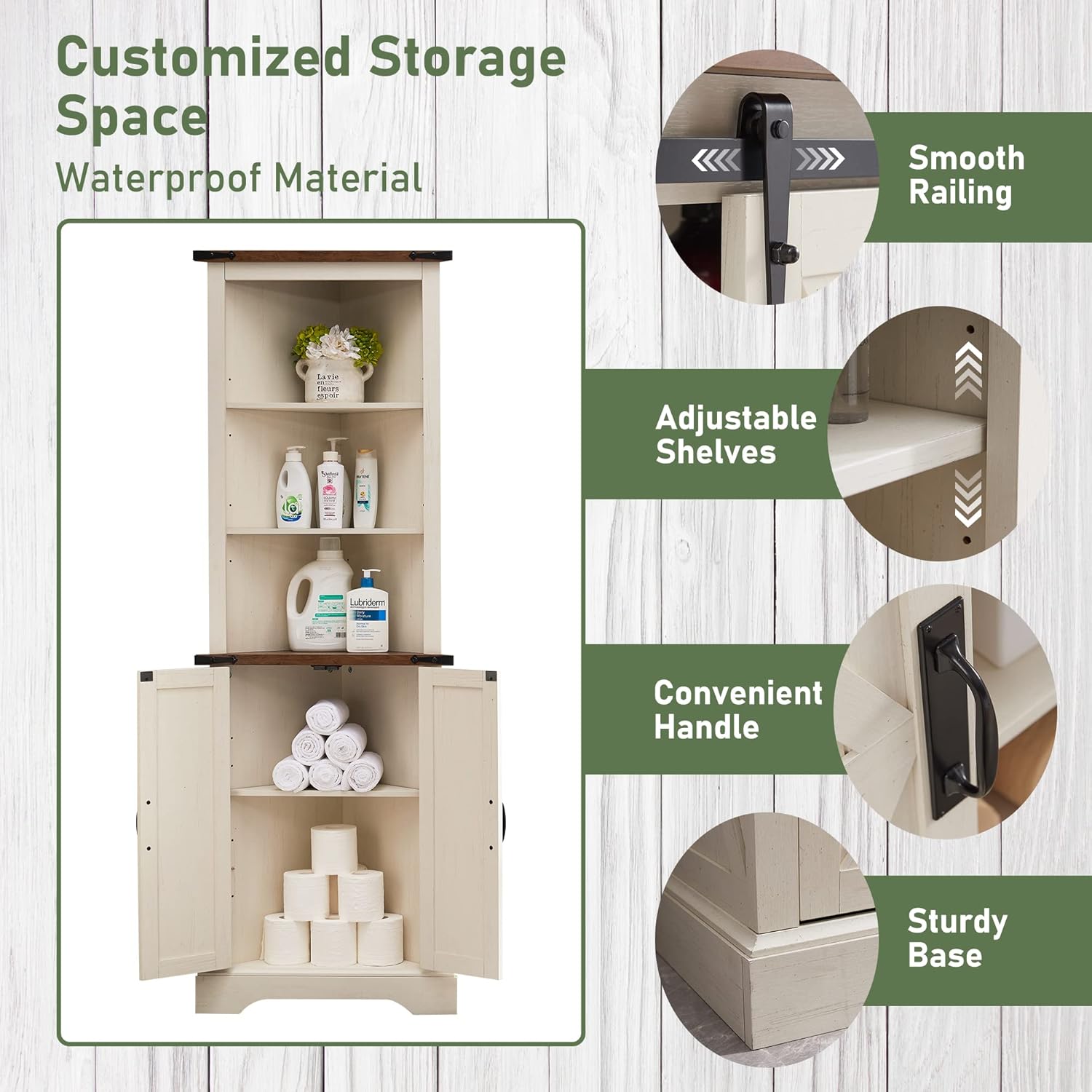 OKD Tall Corner Cabinet Farmhouse Storage Cabinet with Barn Door