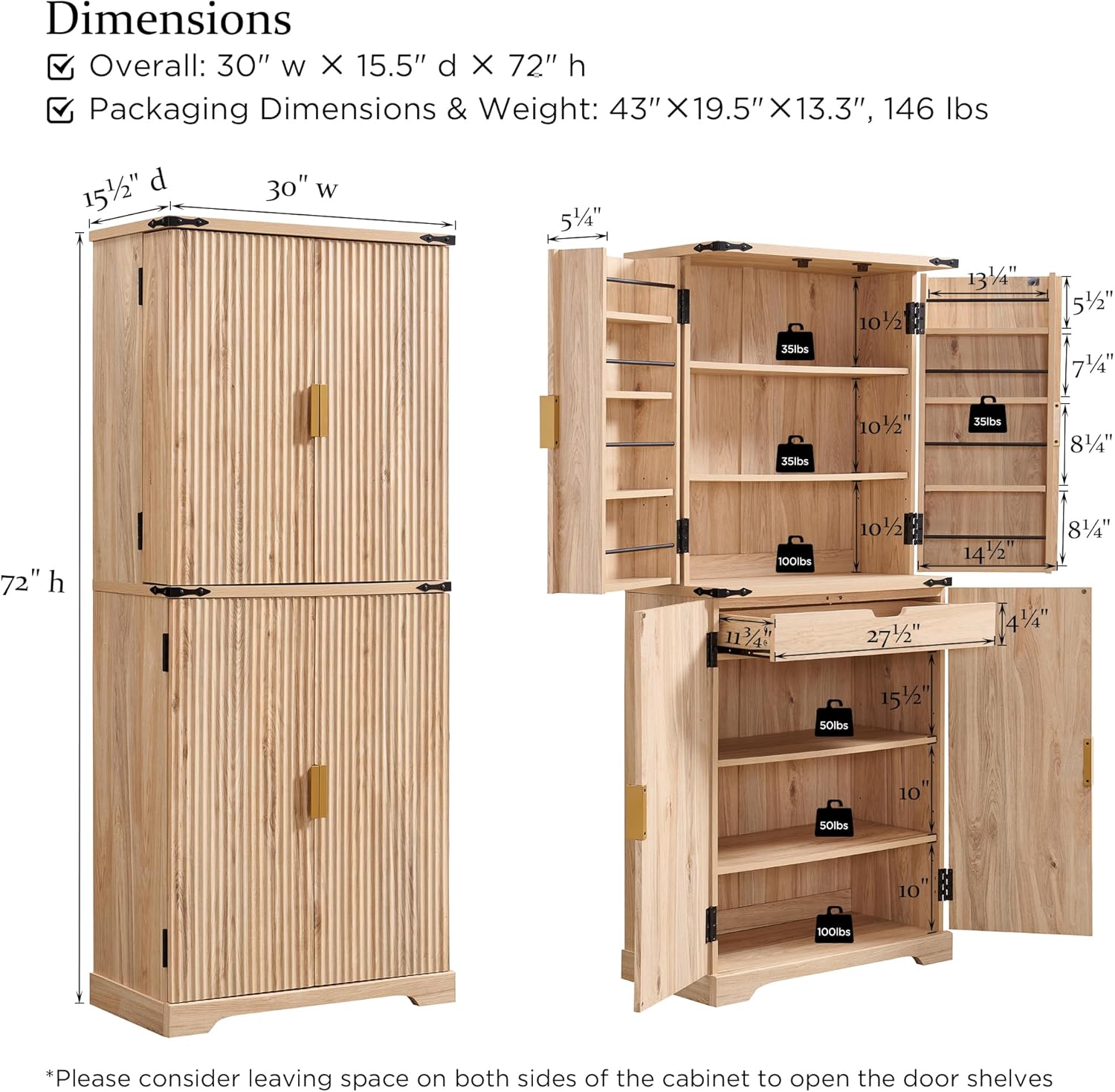 72" Fluted Natural Oak Pantry Cabinet | 4 Doors & Shelves