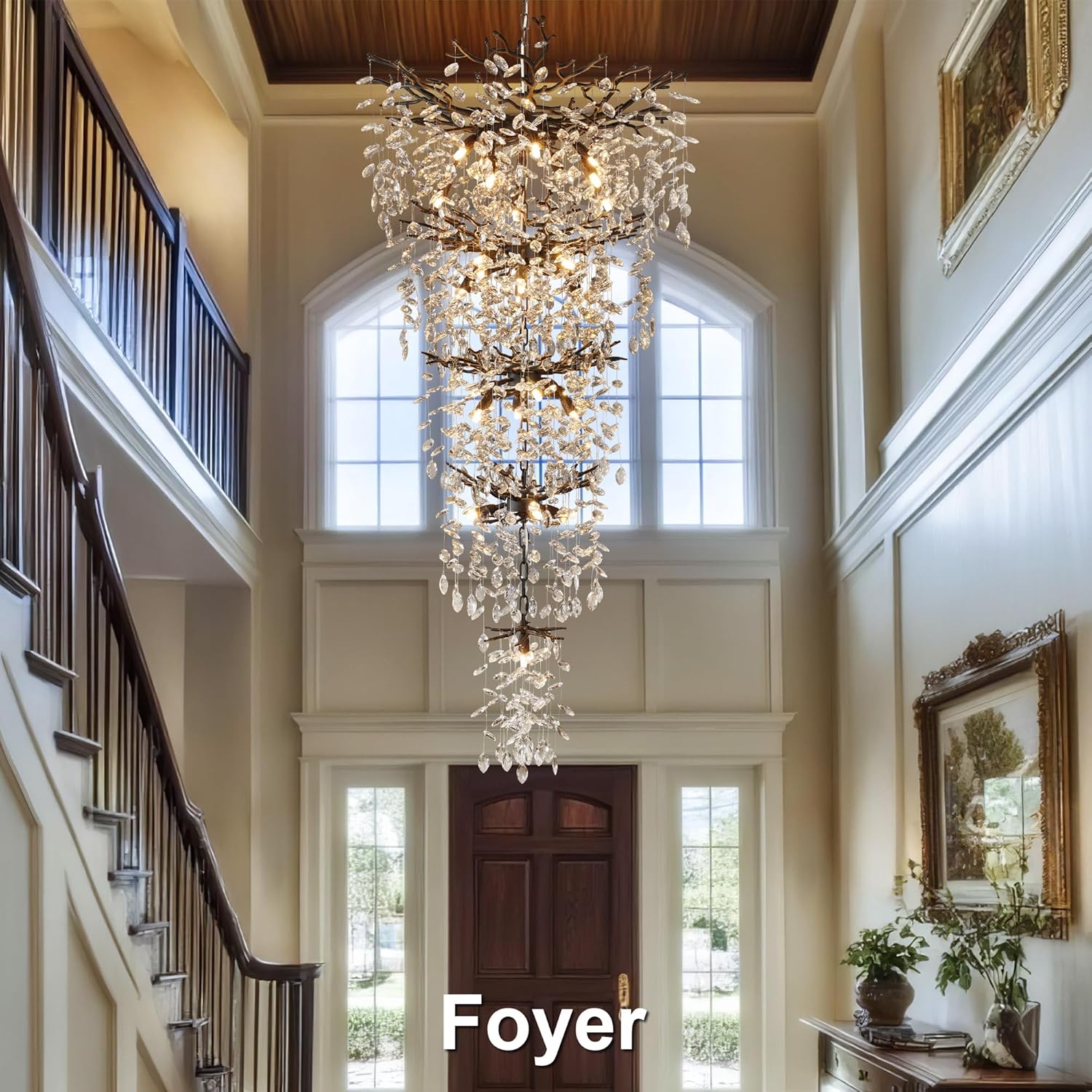 63" Long Crystal Chandelier for High Ceiling, 28-Light Black Tree Branch Chandelier, Modern Large Chandeliers for Staircase, Foyer, Entryway, Living Room, 5-Tier Luxury K9 Raine Light Fixture