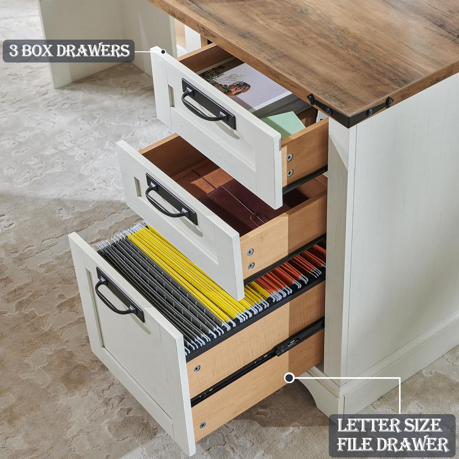 60" Farmhouse L Shaped Desk with Charging Station and Drawers