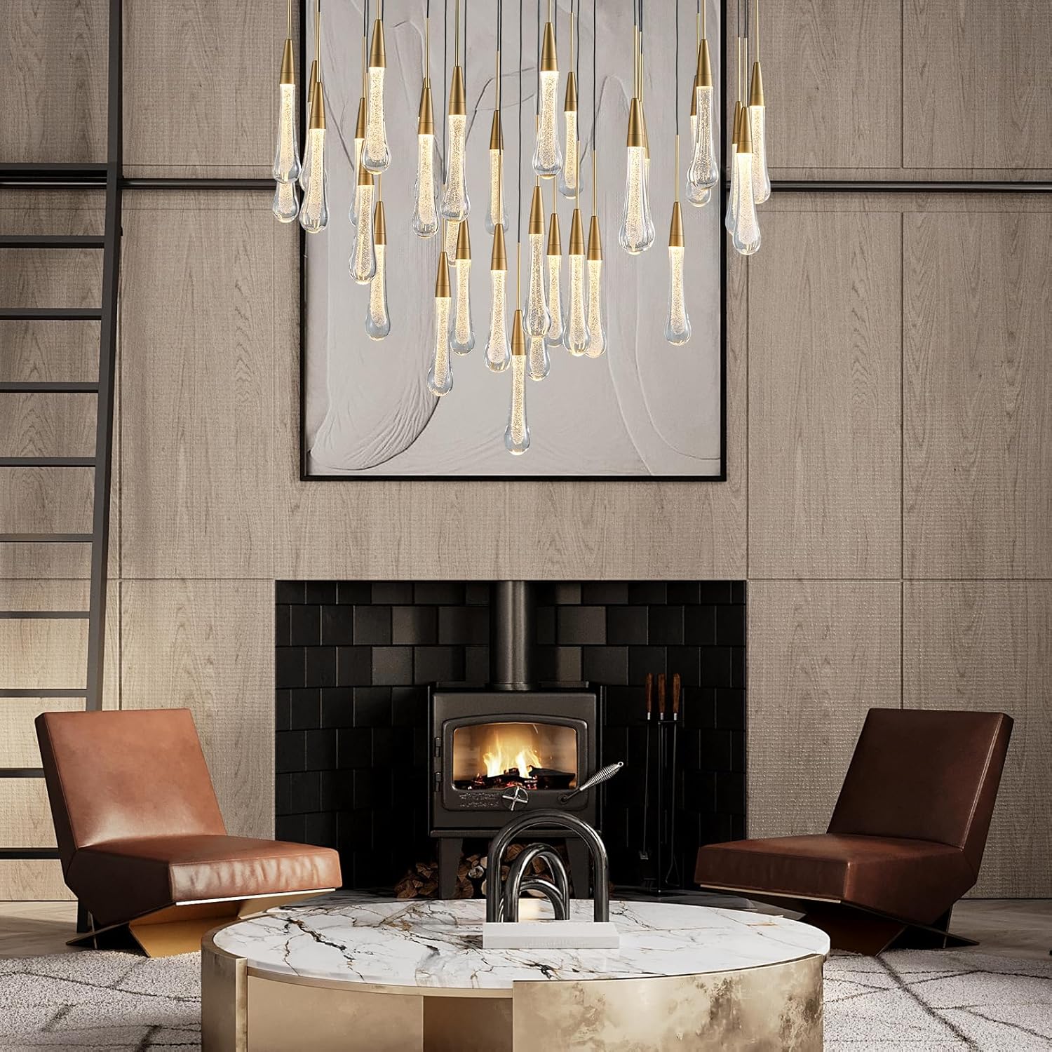 34-Light Gold Chandeliers for High Ceilings, Large Raine Chandelier for Foyer, Entryway, Staircase, Luxury Long Big Hanging Light Fixtures with Glass, Brass Pendant Light Fixtures Living Room
