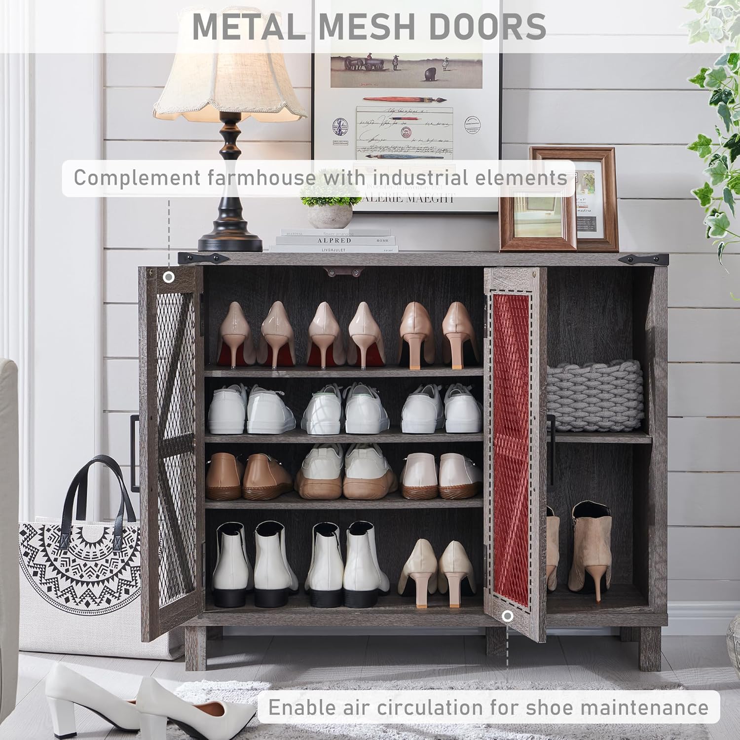 38" Wide Farmhouse Shoe Cabinet with Mesh Doors and Shelves