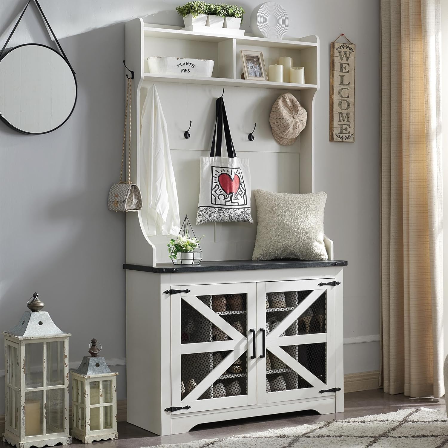 42" Farmhouse Hall Tree with Shoe Storage, 12 Cubbies Bench