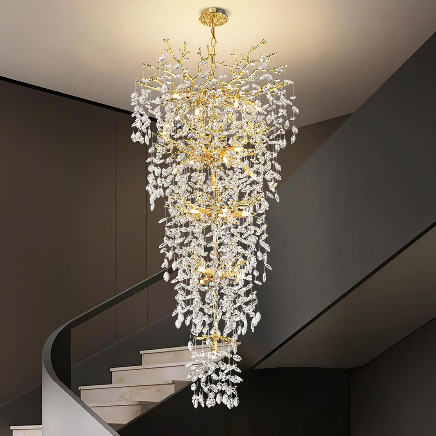 63'' Long Crystal Modern Gold Tree Branch Chandelier