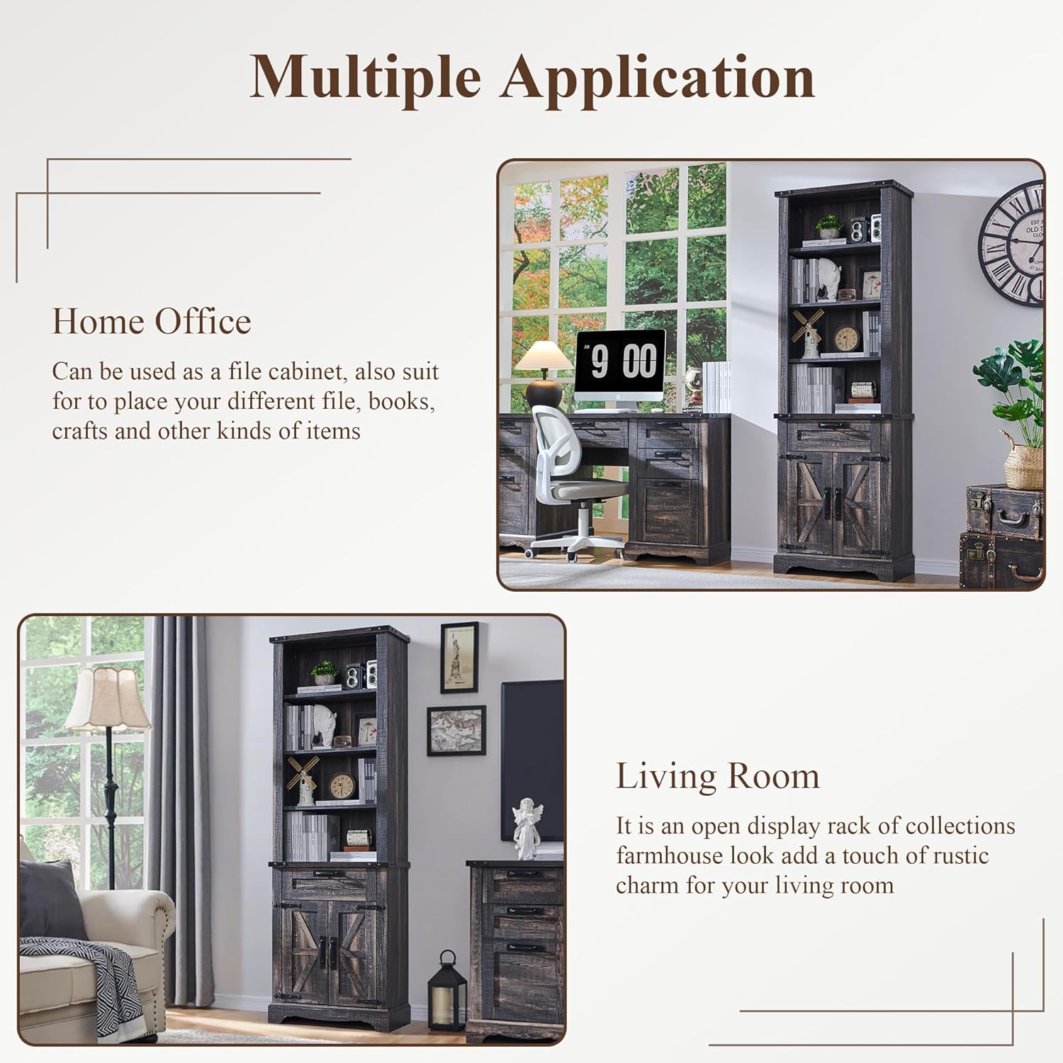 72" Tall Farmhouse Bookcase with Barn Door and Storage Cabinet