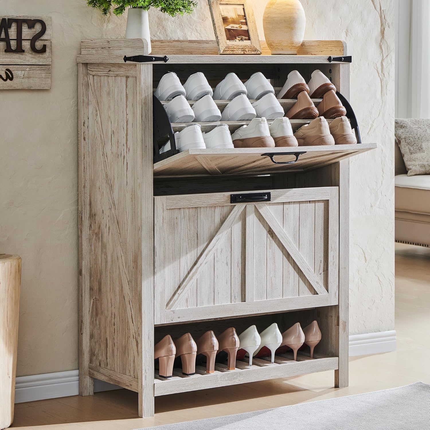 OKD Farmhouse Shoe Storage Cabinet: 2 Flip Drawers, Rustic White