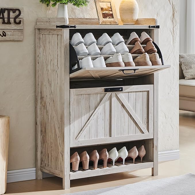 OKD Farmhouse Shoe Storage Cabinet: 2 Flip Drawers, Rustic White