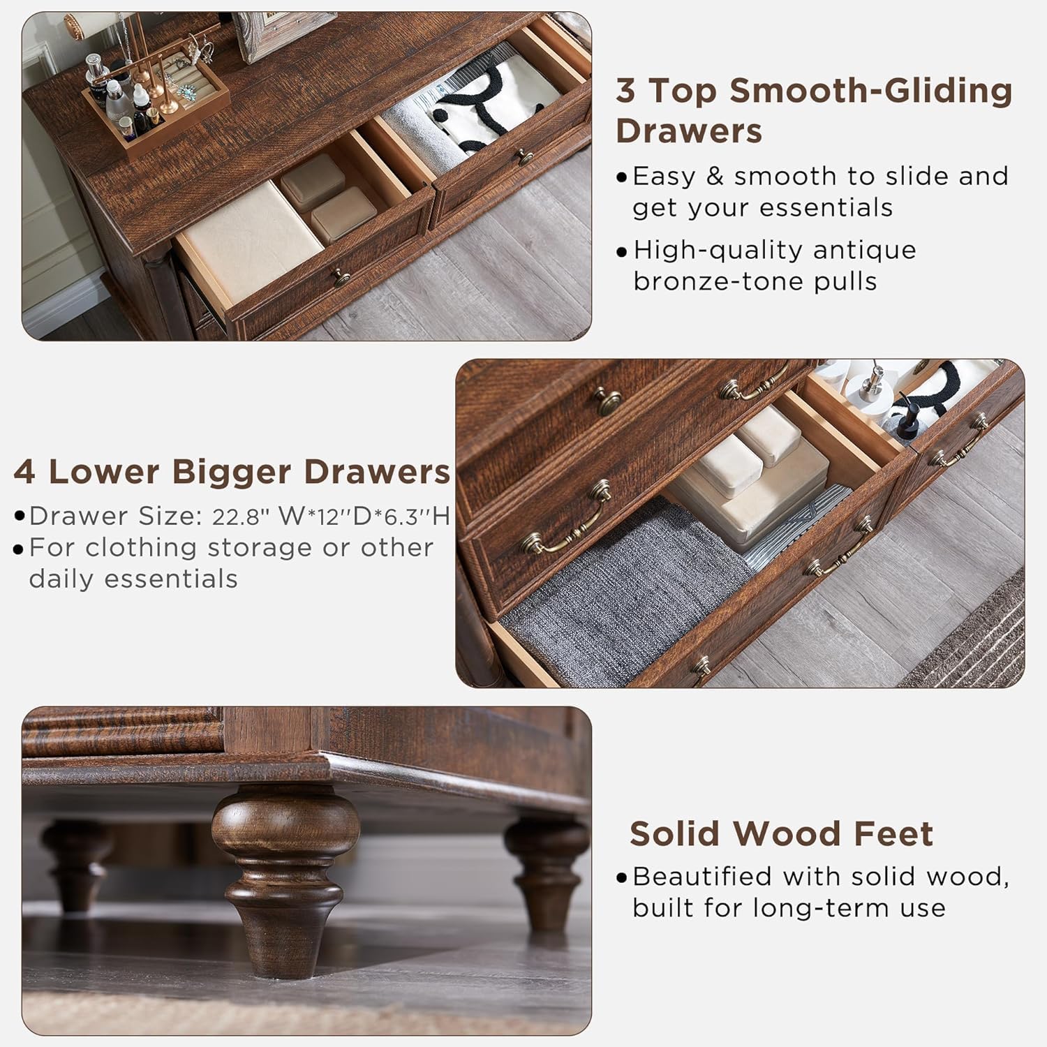 Rustic Farmhouse 7 Drawer Dresser Chest for Bedroom