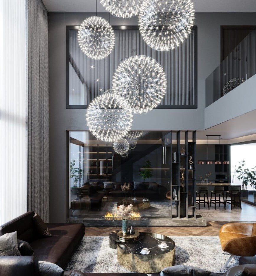 Round Starry Sky Chandelier Light Fire Ball Ceiling Lighting for Living Room/Cottage/High-ceiling