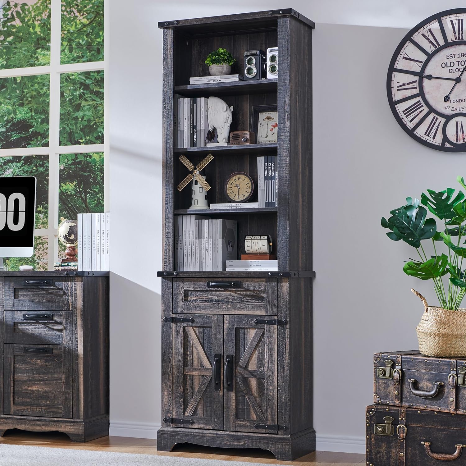 72" Tall Farmhouse Bookcase with Barn Door and Storage Cabinet