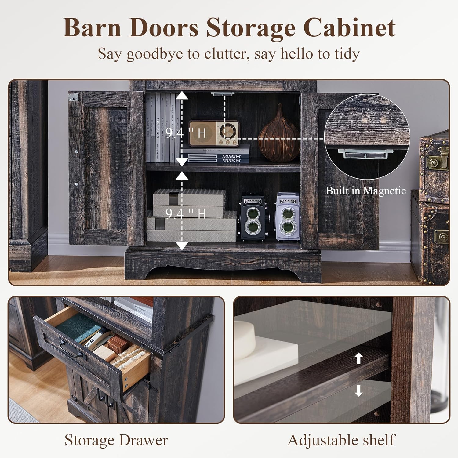 72" Tall Farmhouse Bookcase with Barn Door and Storage Cabinet