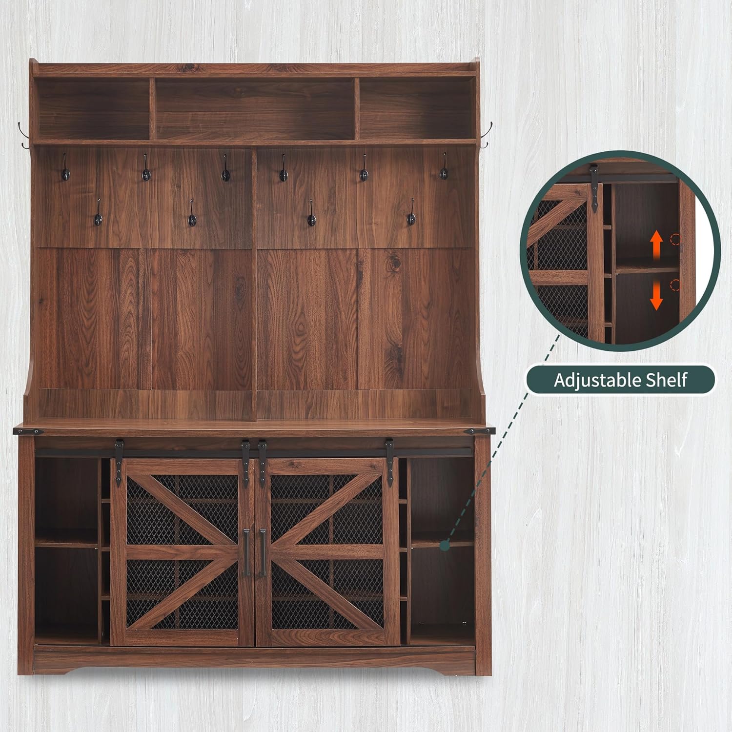 59" Farmhouse Hall Tree with Shoe Storage Bench & Cubbies