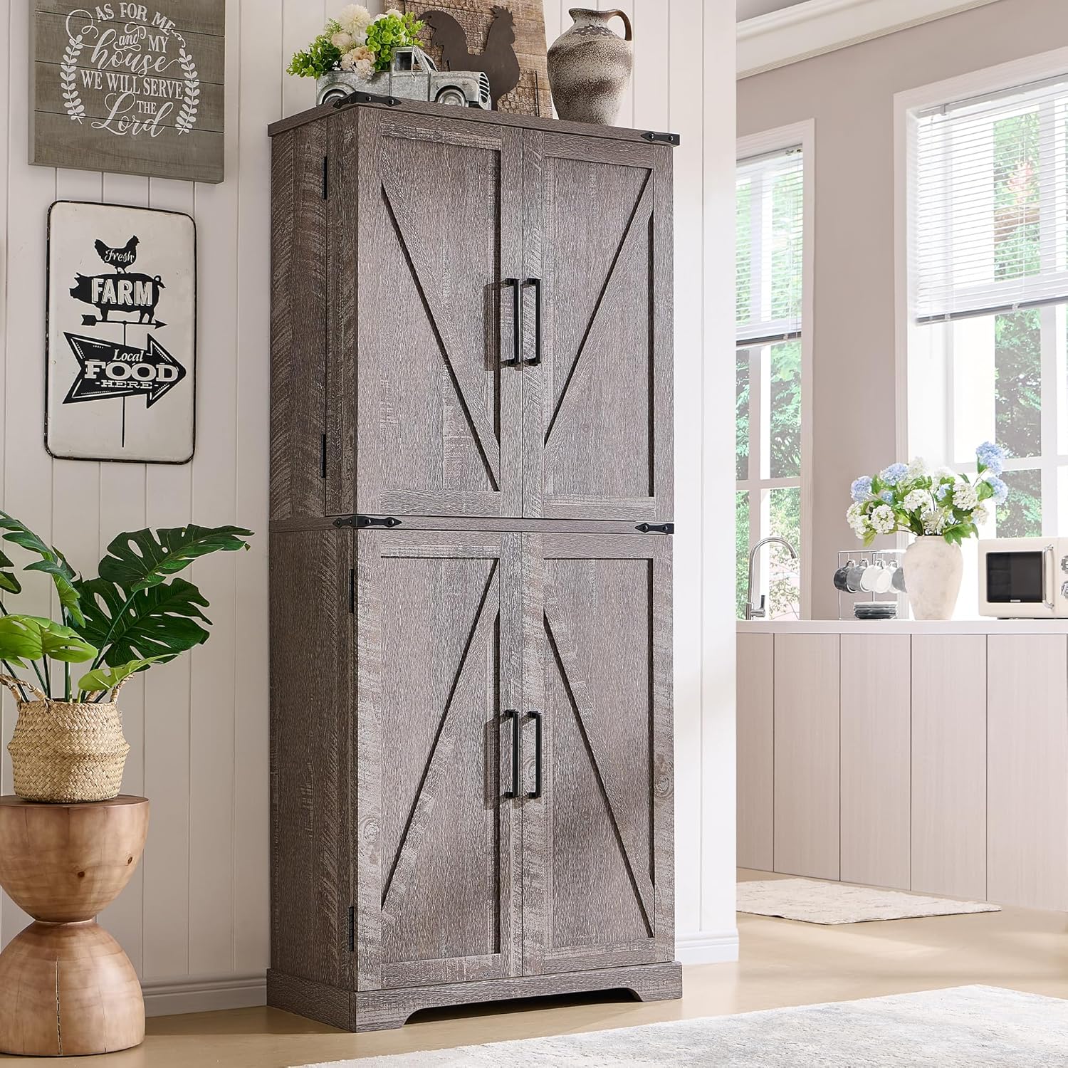 72" Farmhouse Kitchen Pantry Storage Cabinet with Barn Door and Shelves