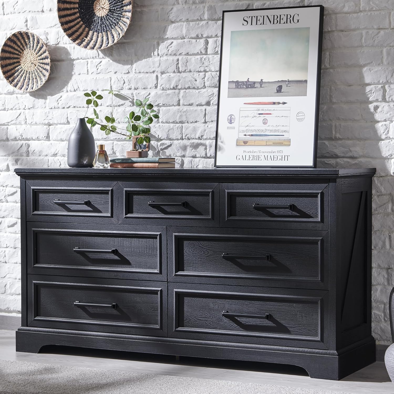 52" Wide Farmhouse 7-Drawer Dresser | Black Chest of Drawers