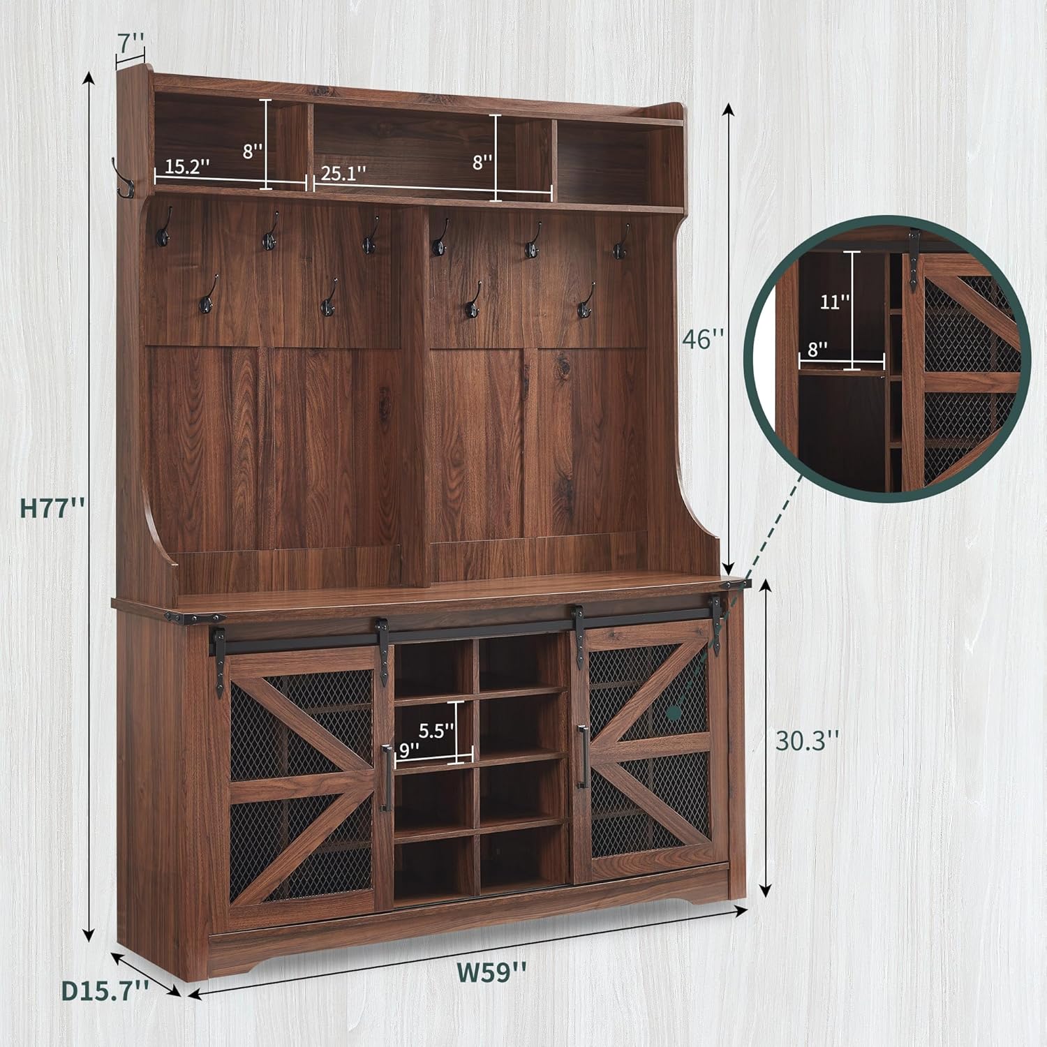 59" Farmhouse Hall Tree with Shoe Storage Bench & Cubbies