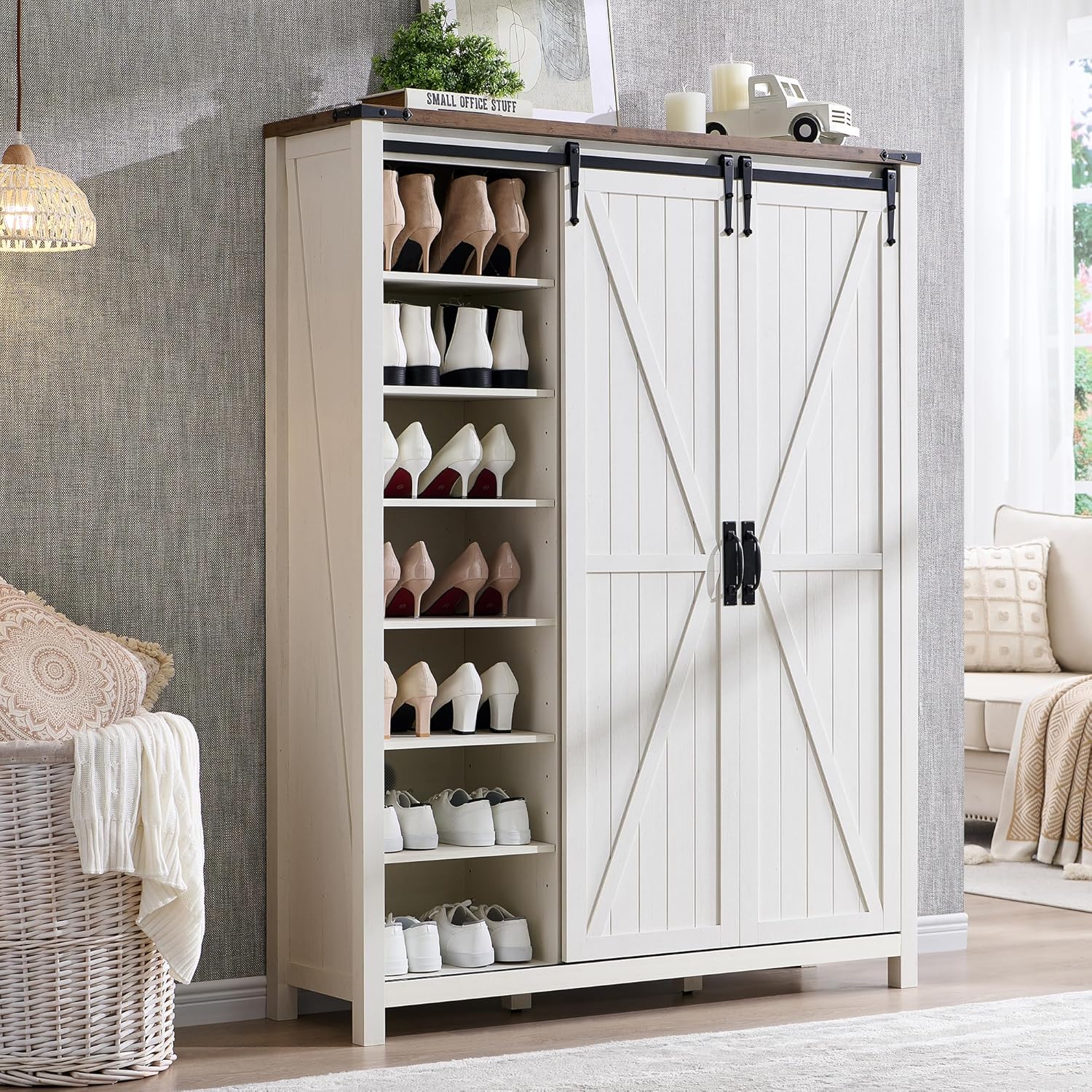 OKD: 7-Tier Antique White Farmhouse Shoe Storage Cabinet Organizer