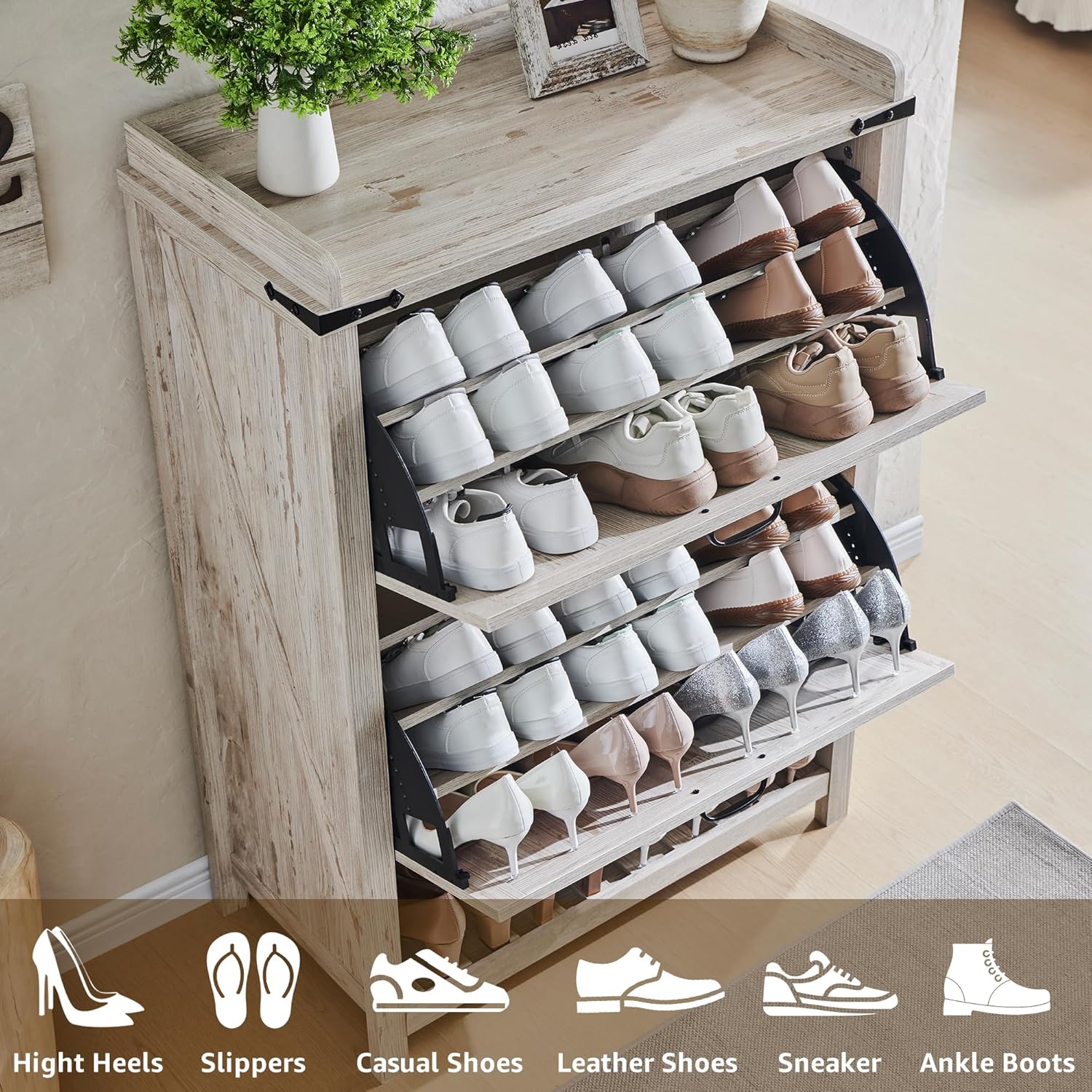 OKD Farmhouse Shoe Storage Cabinet: 2 Flip Drawers, Rustic White