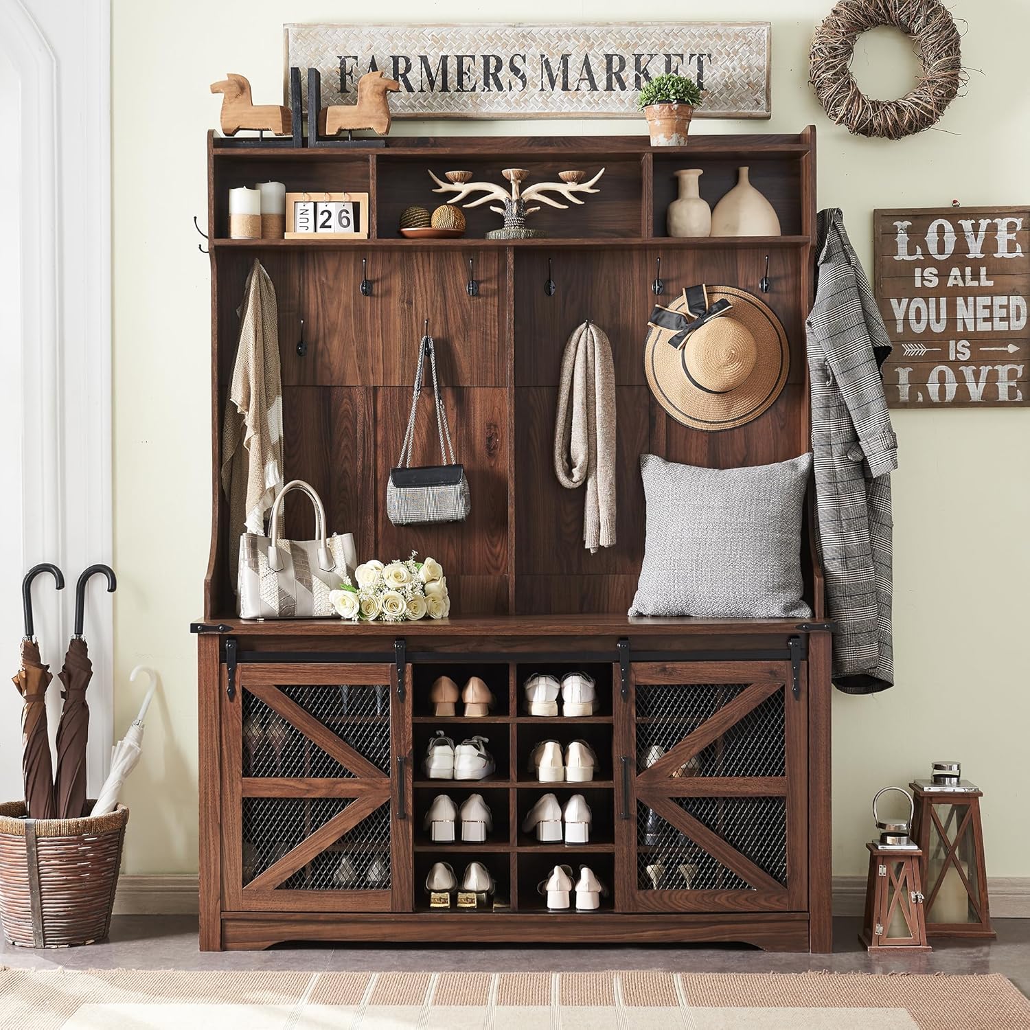 59" Farmhouse Hall Tree with Shoe Storage Bench & Cubbies