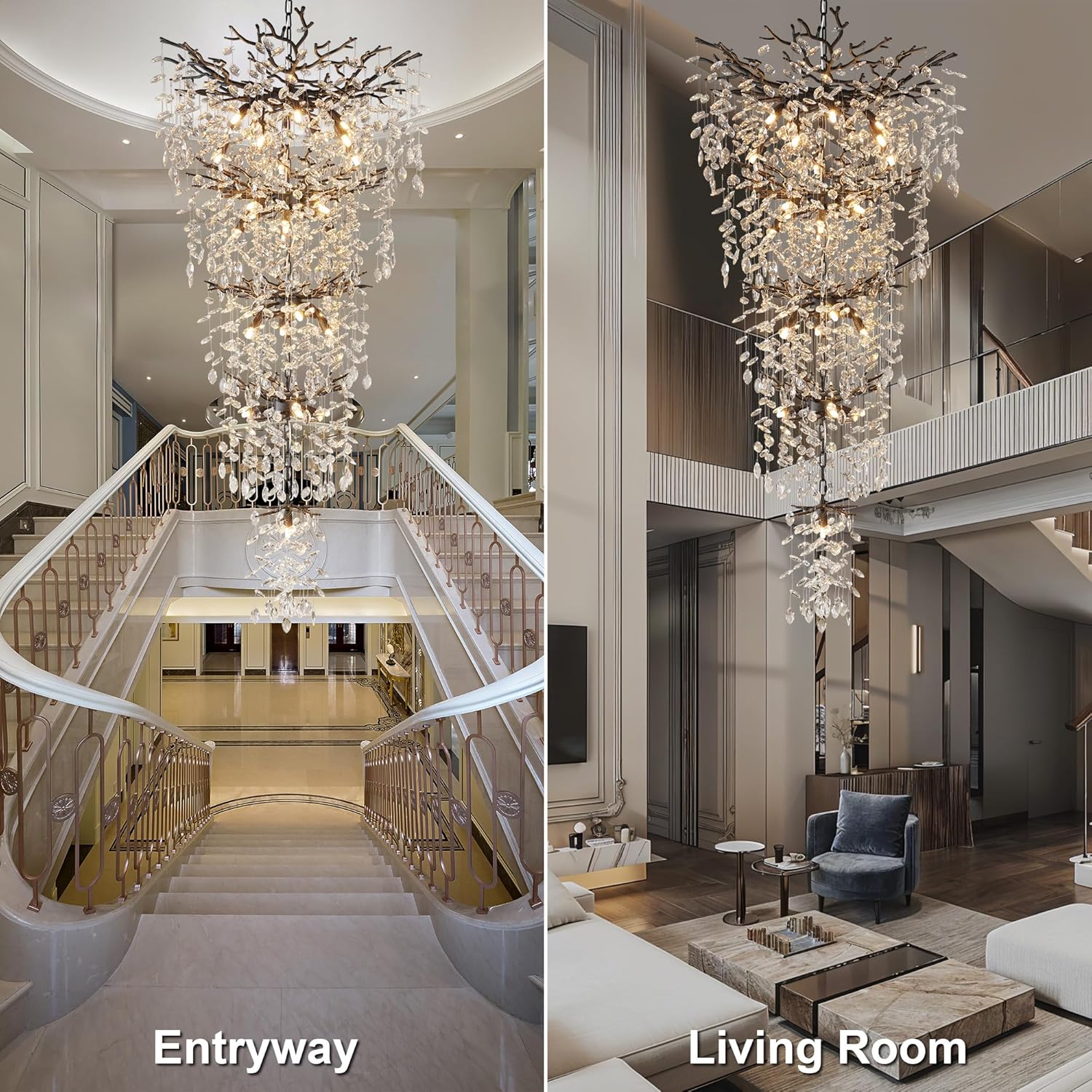 63" Long Crystal Chandelier for High Ceiling, 28-Light Black Tree Branch Chandelier, Modern Large Chandeliers for Staircase, Foyer, Entryway, Living Room, 5-Tier Luxury K9 Raine Light Fixture