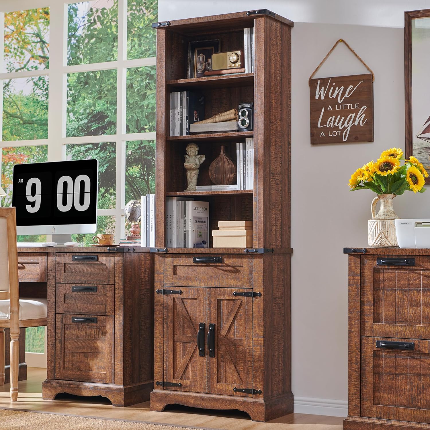 72" Tall Farmhouse Bookcase with Barn Door and Storage Cabinet
