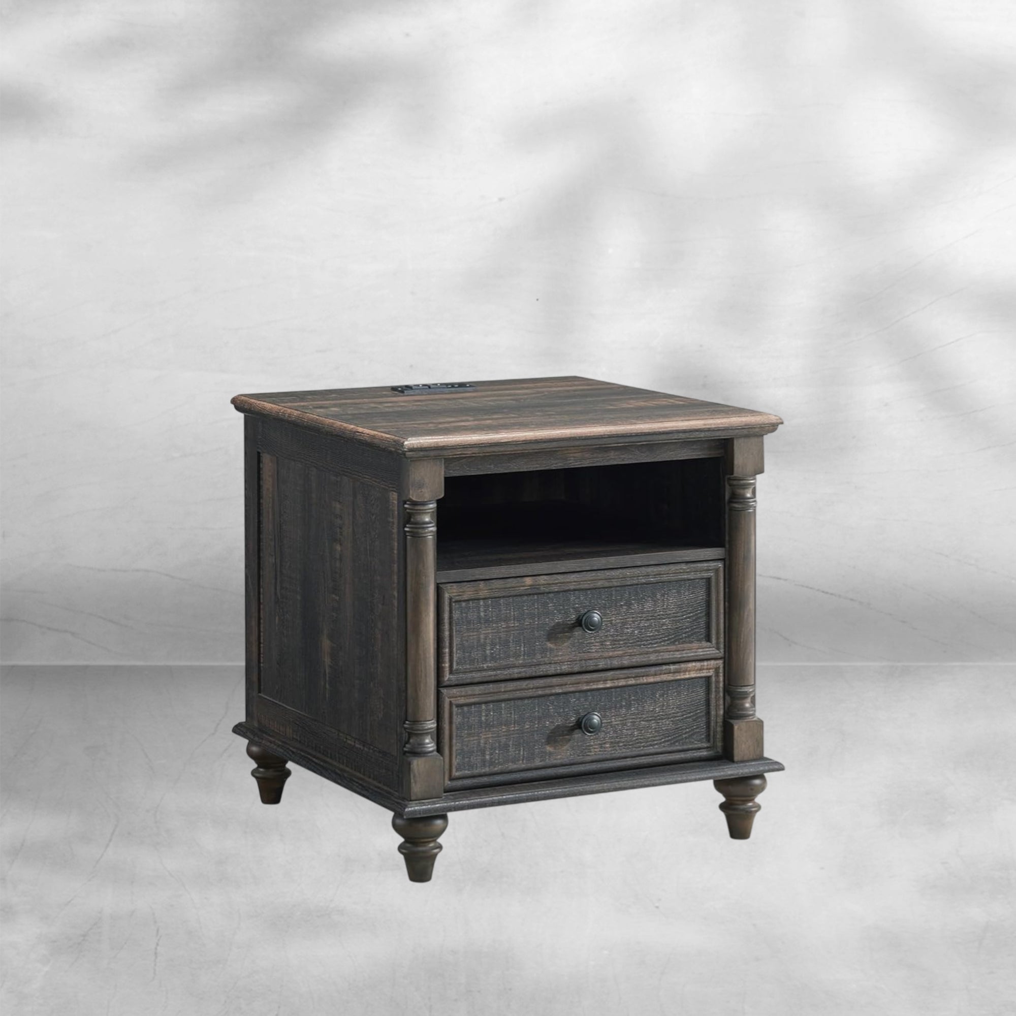Farmhouse End Table with Charging Station & Solid Wood Feet