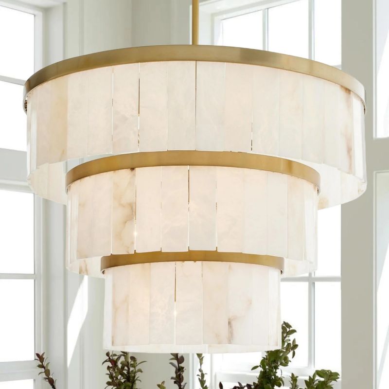 Round Alabaster 3 Tier Modern Chandelier，Living Room Chandelier chandelier for bedroom,chandelier for dining room,chandelier for stairways,chandelier for foyer,chandelier for bathrooms,chandelier for living room Luster Gaze Brass  
