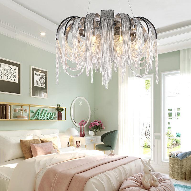 Luster Gaze Alisa Cascade Round Chandelier - American transitional great room with cathedral ceiling