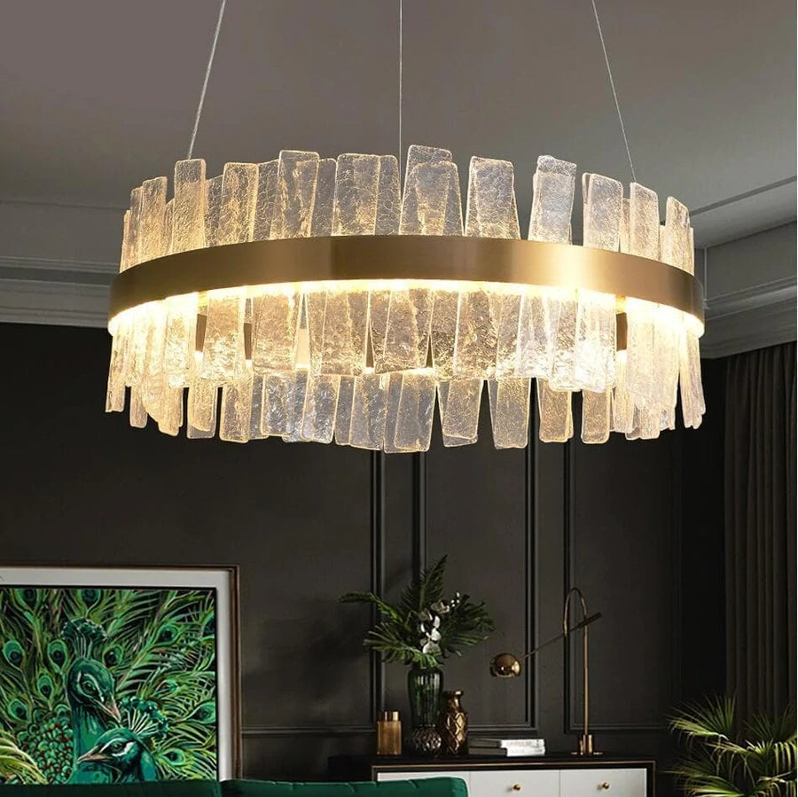 Luster Gaze Radiant Halo Round Chandelier - American transitional great room with cathedral ceiling