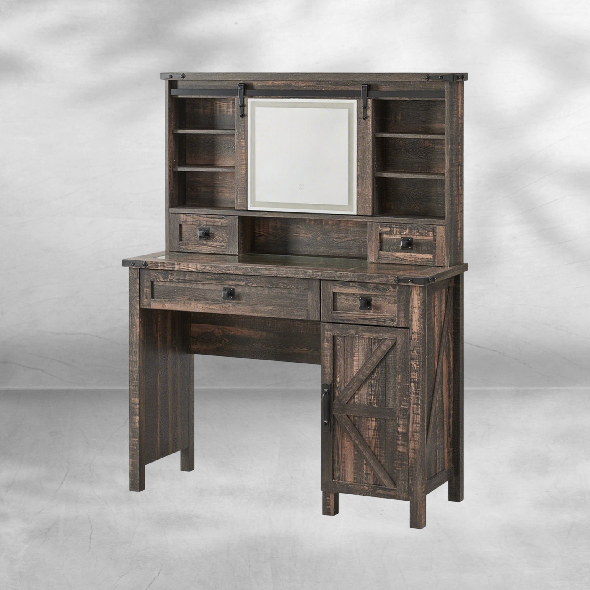 Farmhouse Makeup Vanity Desk with Sliding Mirror and Lights