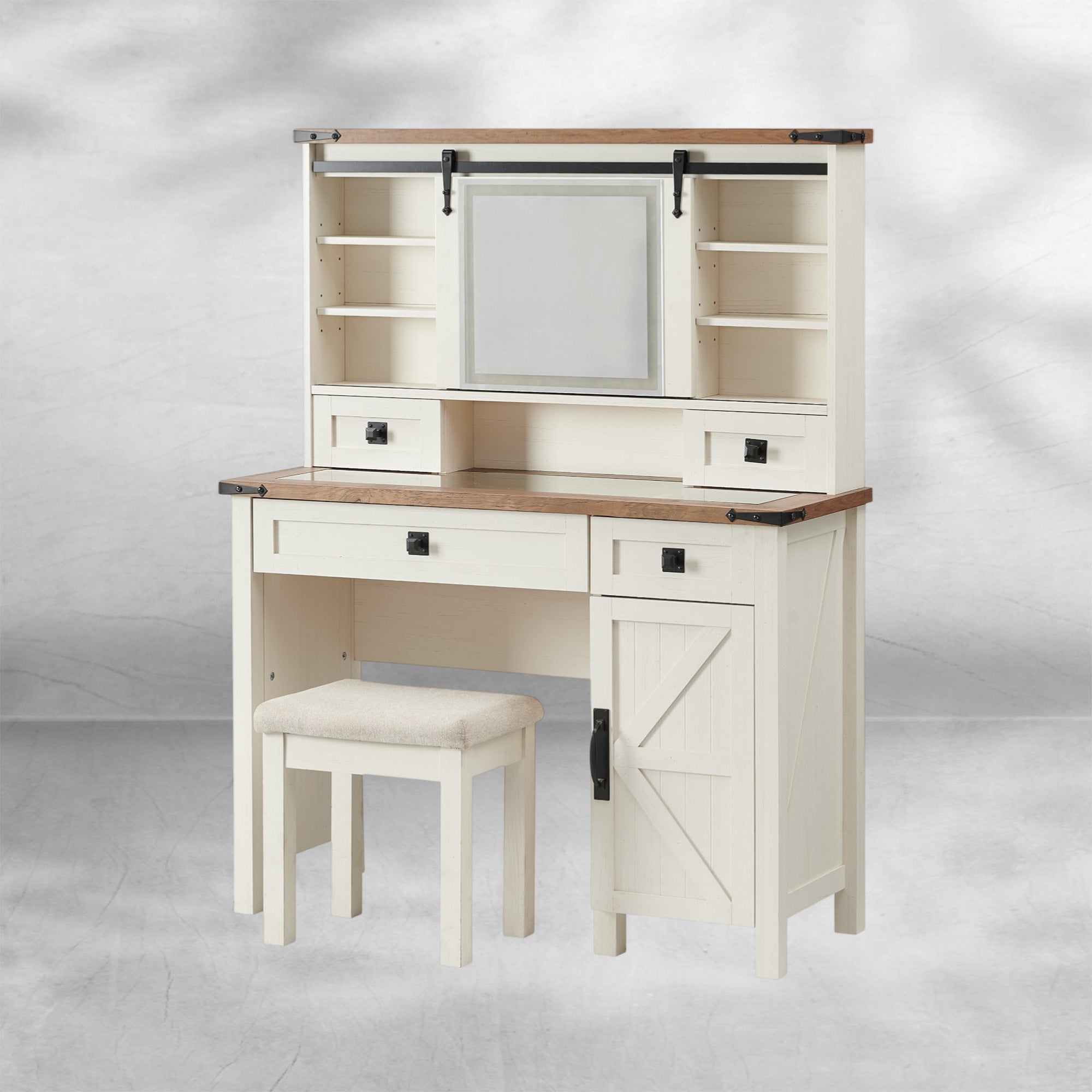 Farmhouse Makeup Vanity Desk with Sliding Mirror and Lights