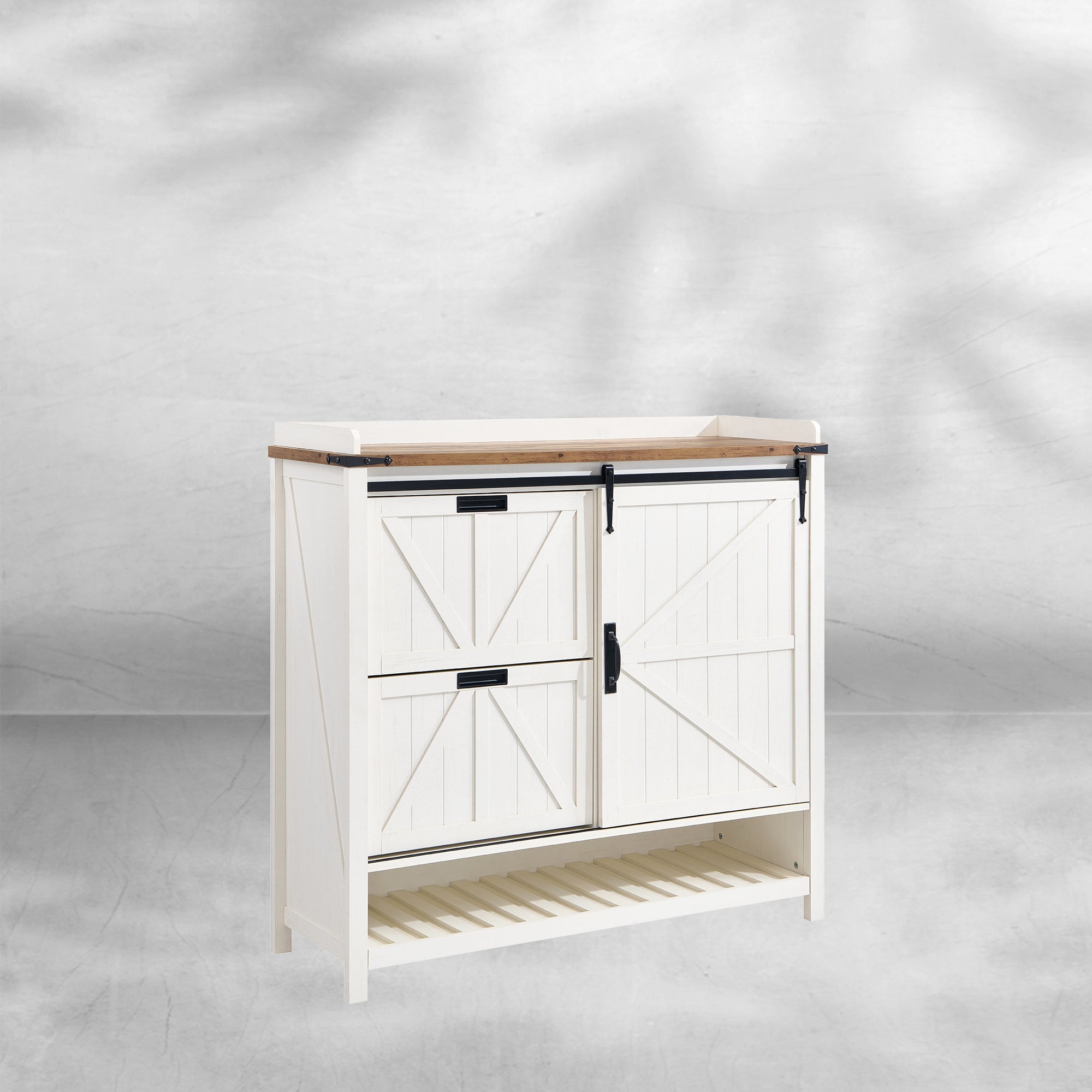 Farmhouse Shoe Storage Cabinet - 2 Flip Drawers and Sliding Door