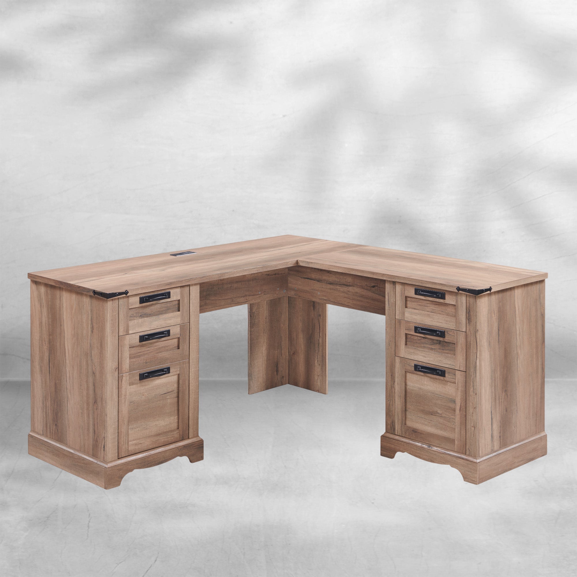 60" Farmhouse L Shaped Desk with Charging Station and Drawers