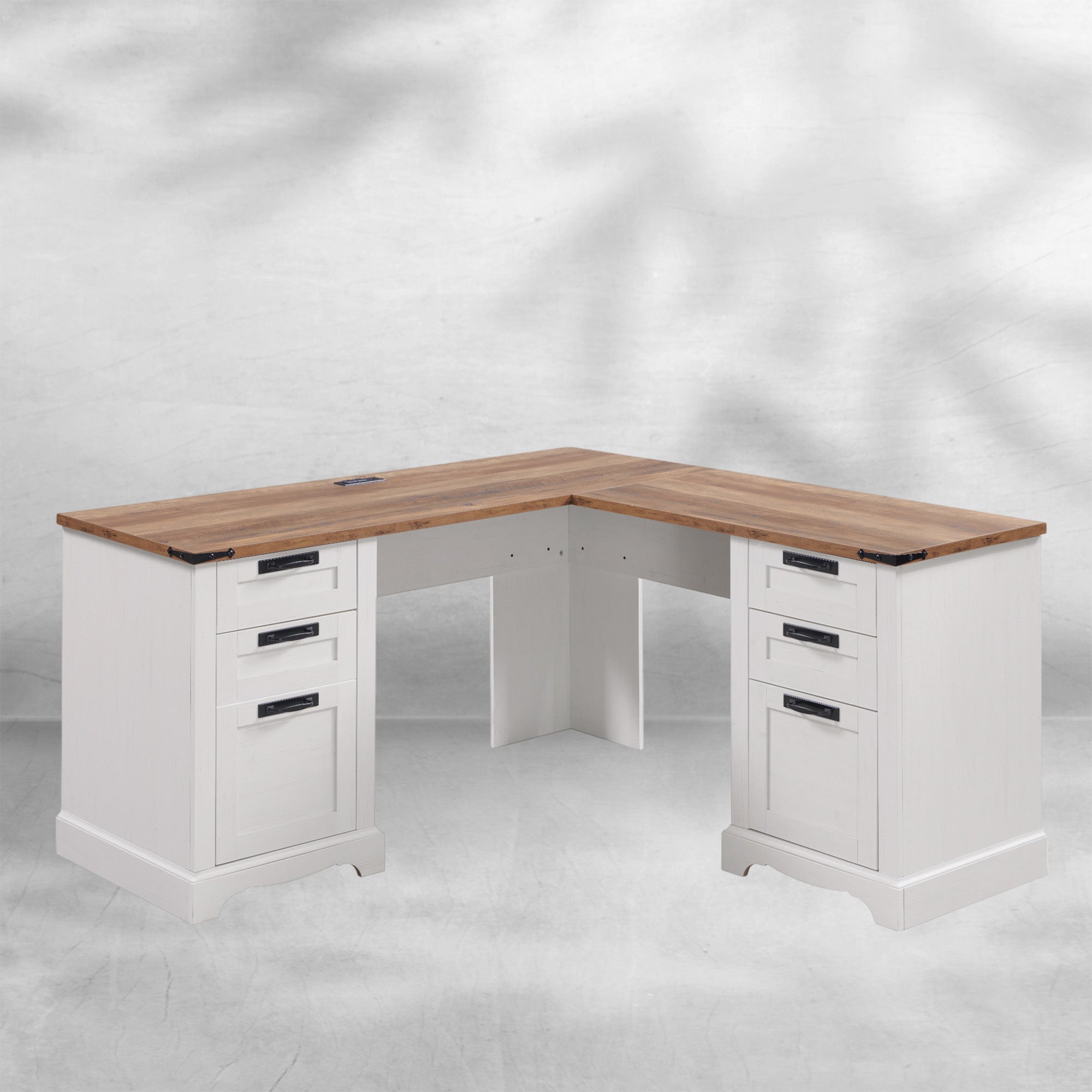 60" Farmhouse L Shaped Desk with Charging Station and Drawers