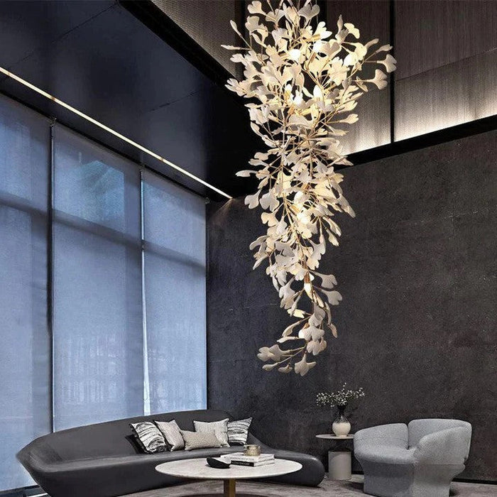 Artistic Tree Branch Pendant Light with Ceramic Ginkgo Leaves for High Ceilings in Hotel or Home