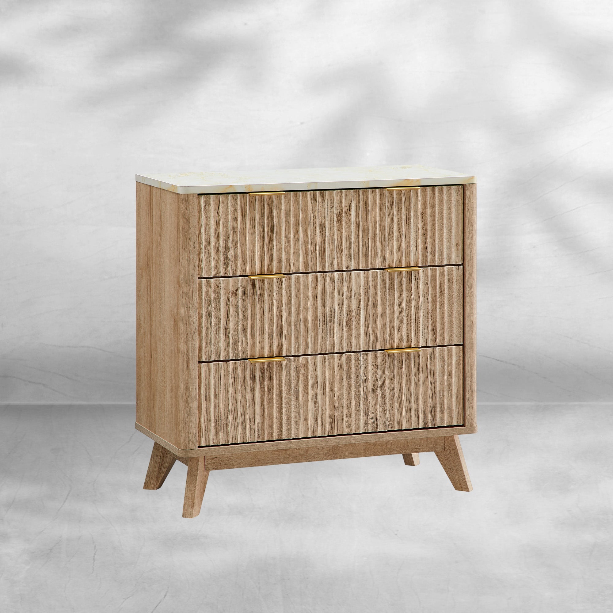 Modern Chest Fluted 3-Drawer Dresser with Faux Marble Top