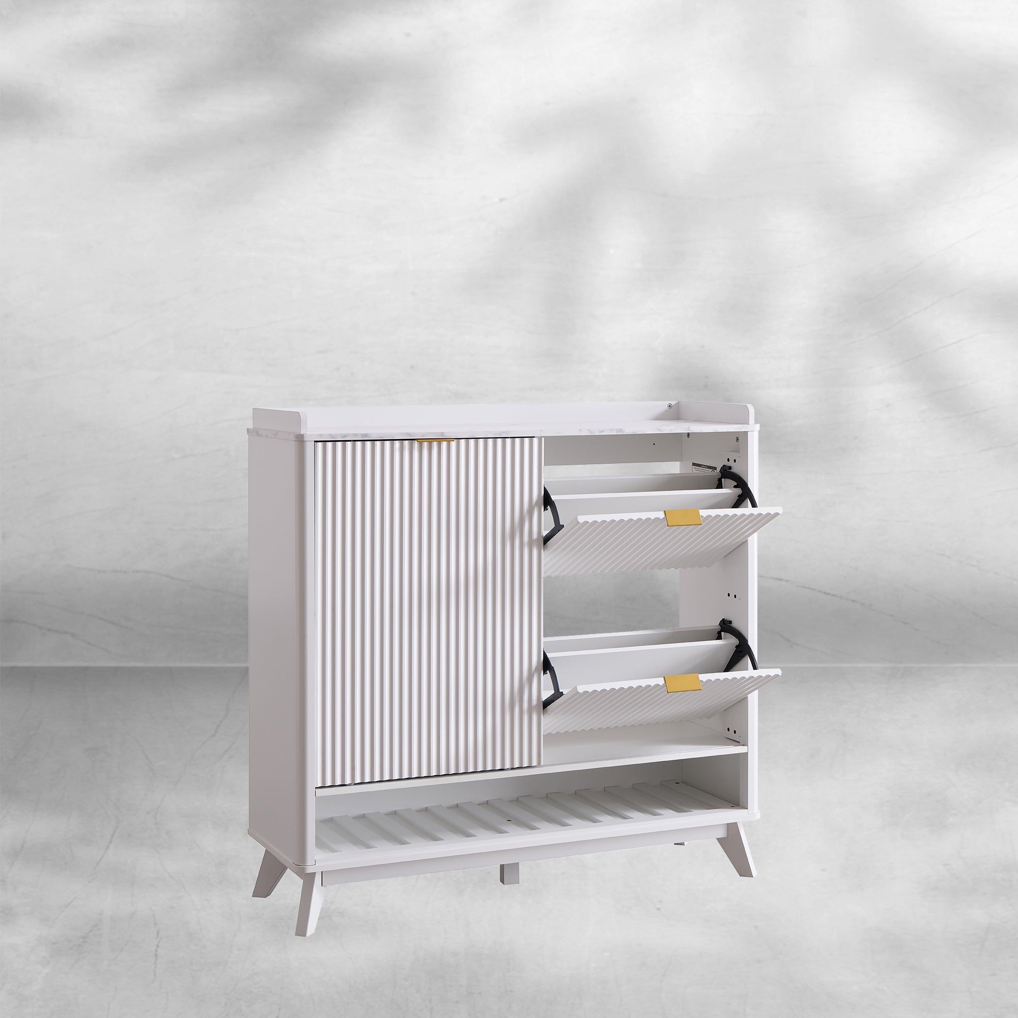 White Fluted Shoe Storage Cabinet - Organizer for Entryway