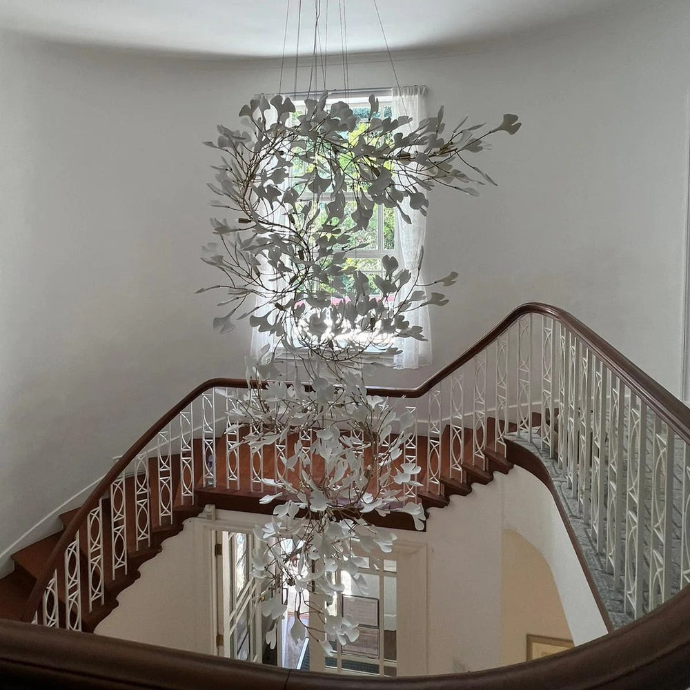 Artistic Tree Branch Pendant Light with Ceramic Ginkgo Leaves for High Ceilings in Hotel or Home