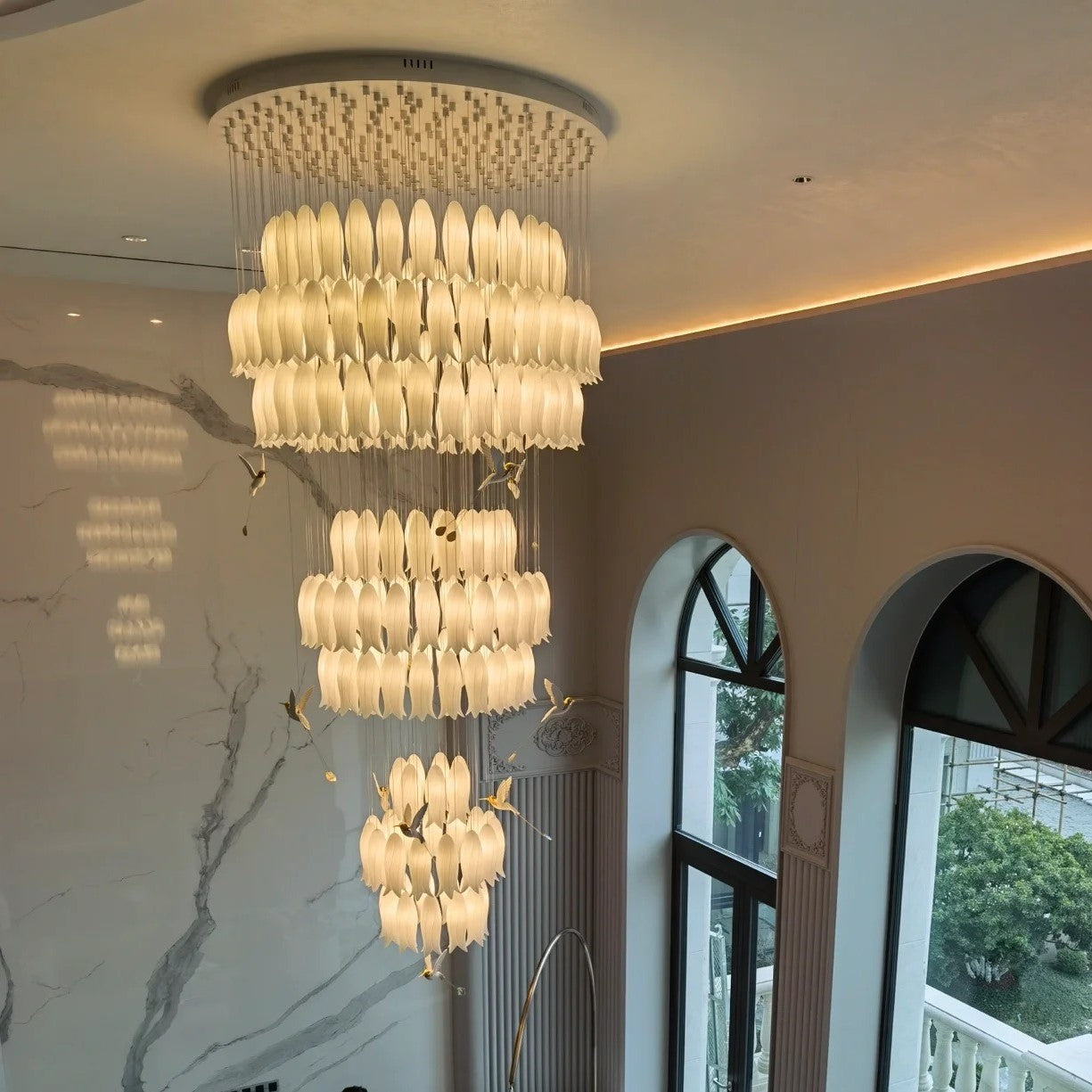 Modern Elegant Floating Glass Flower Chandelier with Ceramic Hummingbird Accents