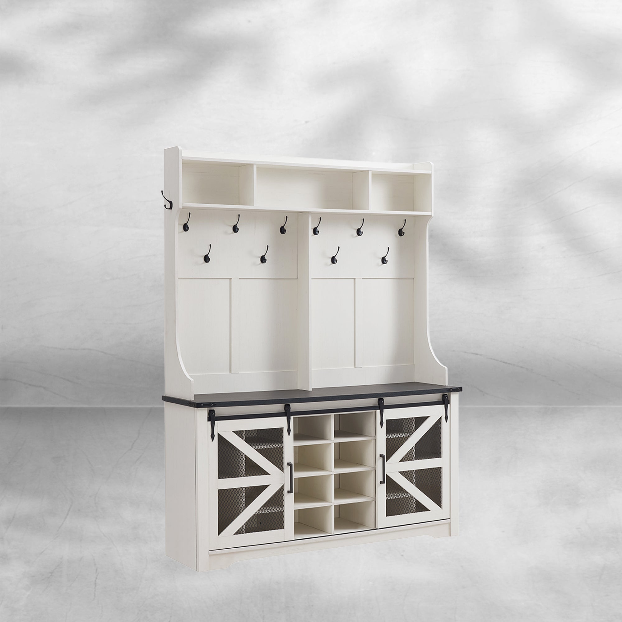 59" Farmhouse Hall Tree with Shoe Storage Bench & Cubbies