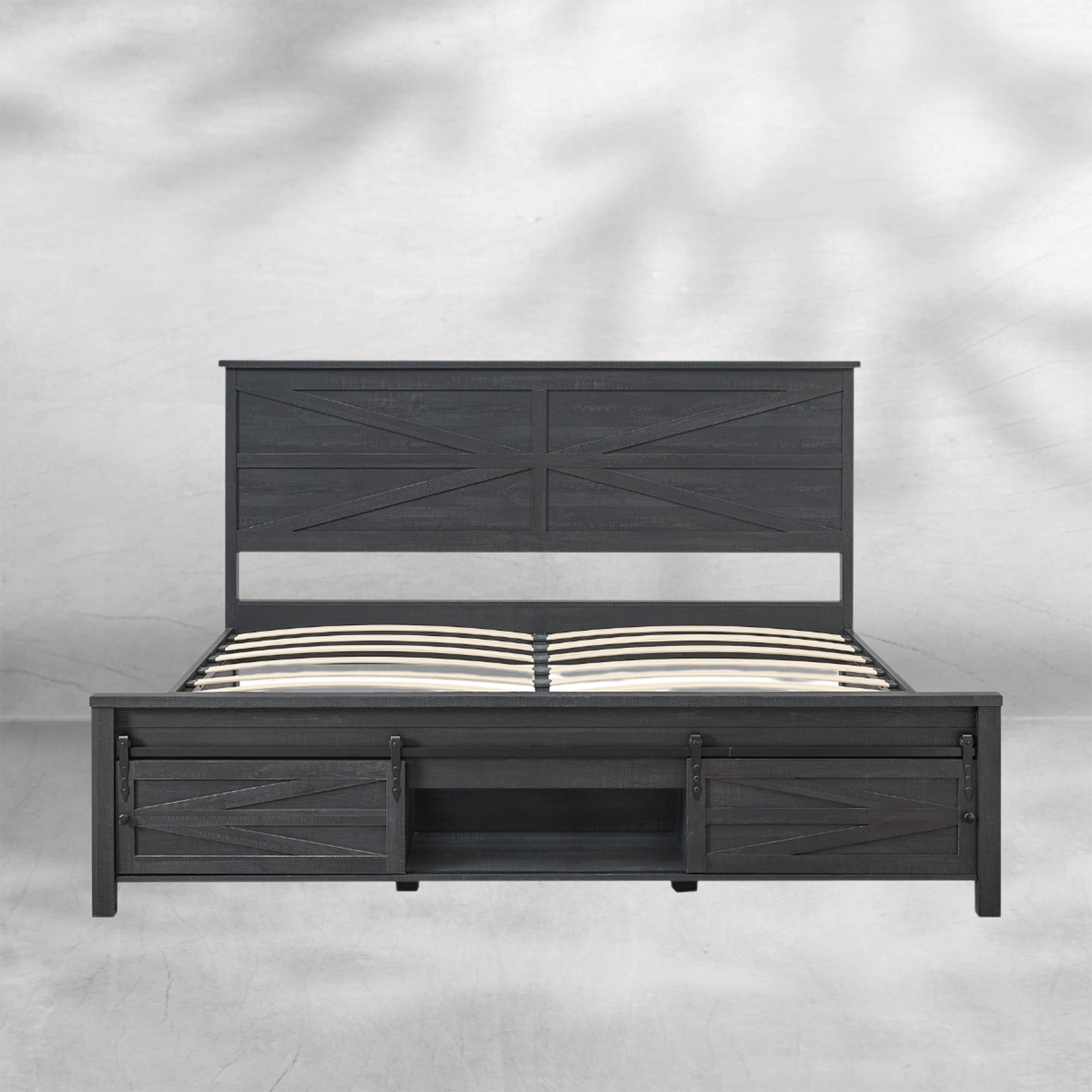 King Size Farmhouse Wood Bed Frame 85" with Barn Door Cabinets