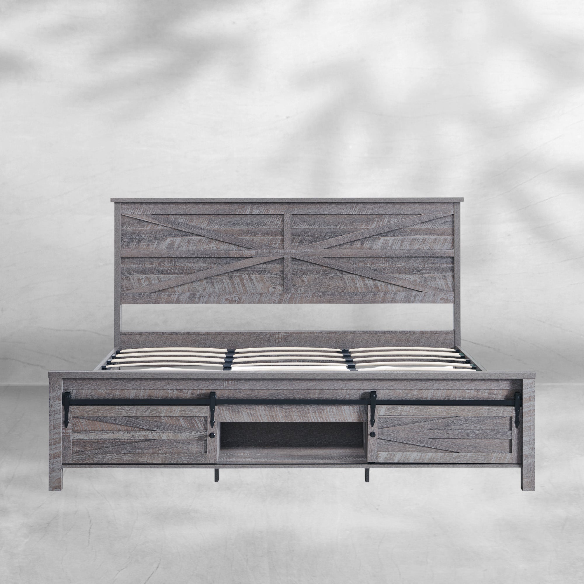 King Size Farmhouse Wood Bed Frame 85" with Barn Door Cabinets