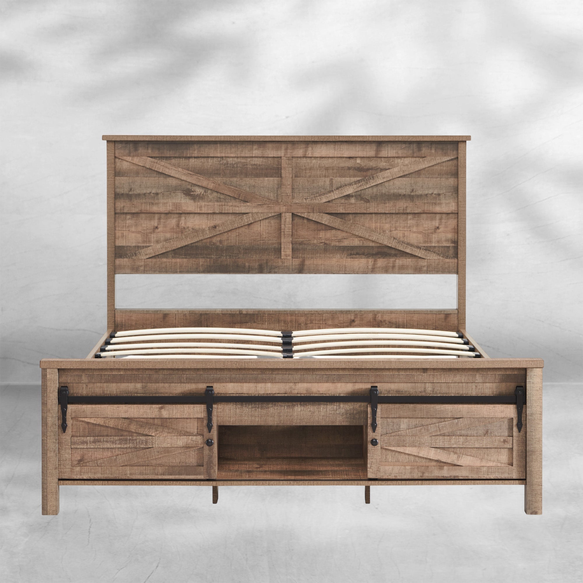 Queen Size Farmhouse Wood Bed Frame 64" with Barn Door Cabinets